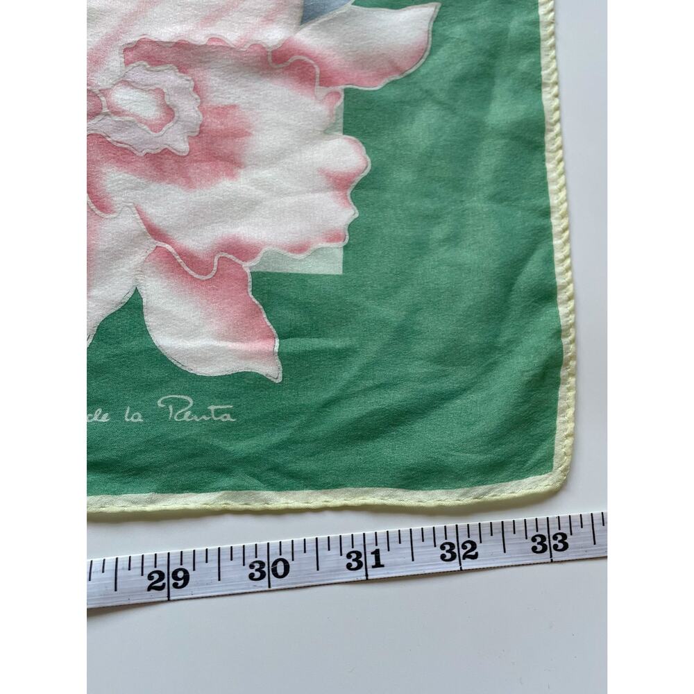 Vintage Oscar de la Renta Green and Pink Floral Silk Scarf 33" Square - Picture 5 of 6